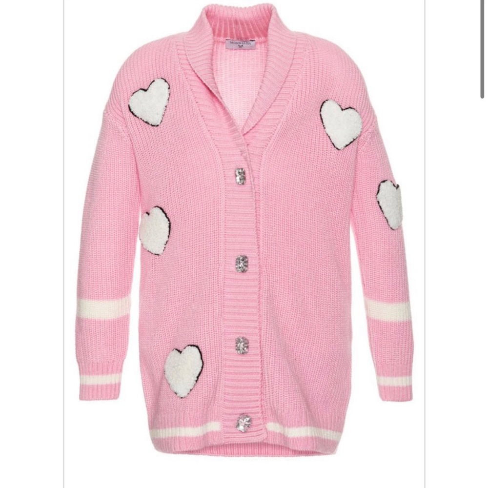 MonnaLisa Pink Knit Cardigan with White Heart Appliqués